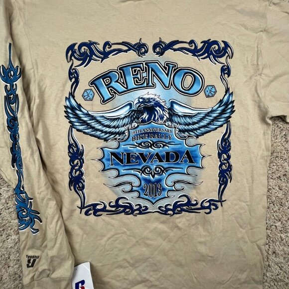 Reno Nevada Men T-Shirt Medium Beige Graphic 2013 Motorcycle Bike Rally 19th - Picture 1 of 11